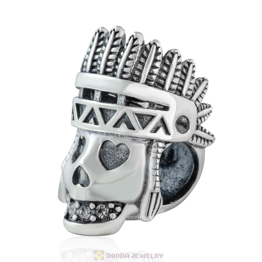Indian Chief Skull Charm Antique 925 Silver