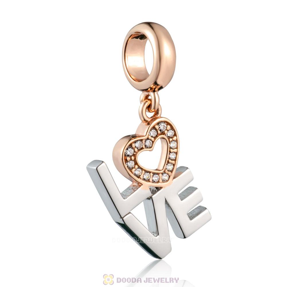 Silver Dangle Charms with Rose Gold Heart Clear CZ