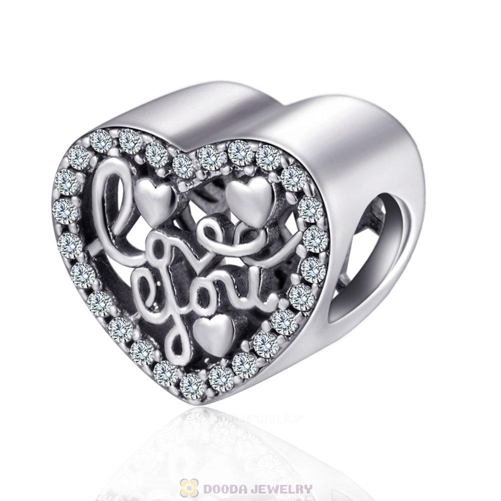I Love You More Heart Charm Beads with Clear CZ
