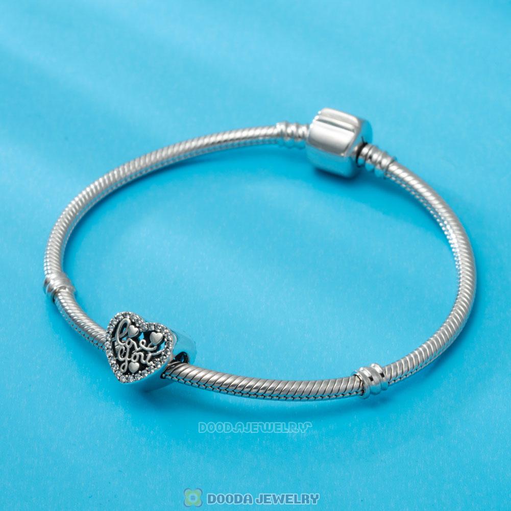 I Love You More Heart Charm Beads with Clear CZ