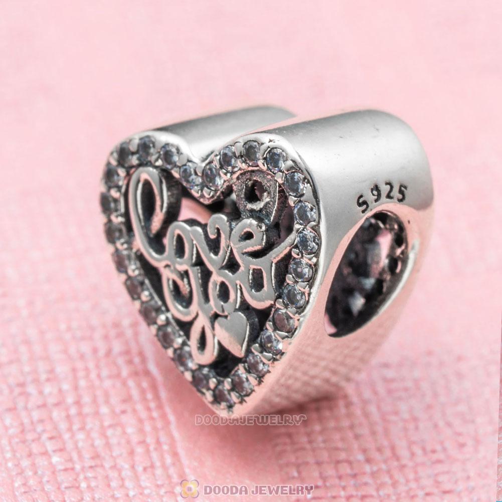 I Love You Heart Charm Beads with Clear CZ