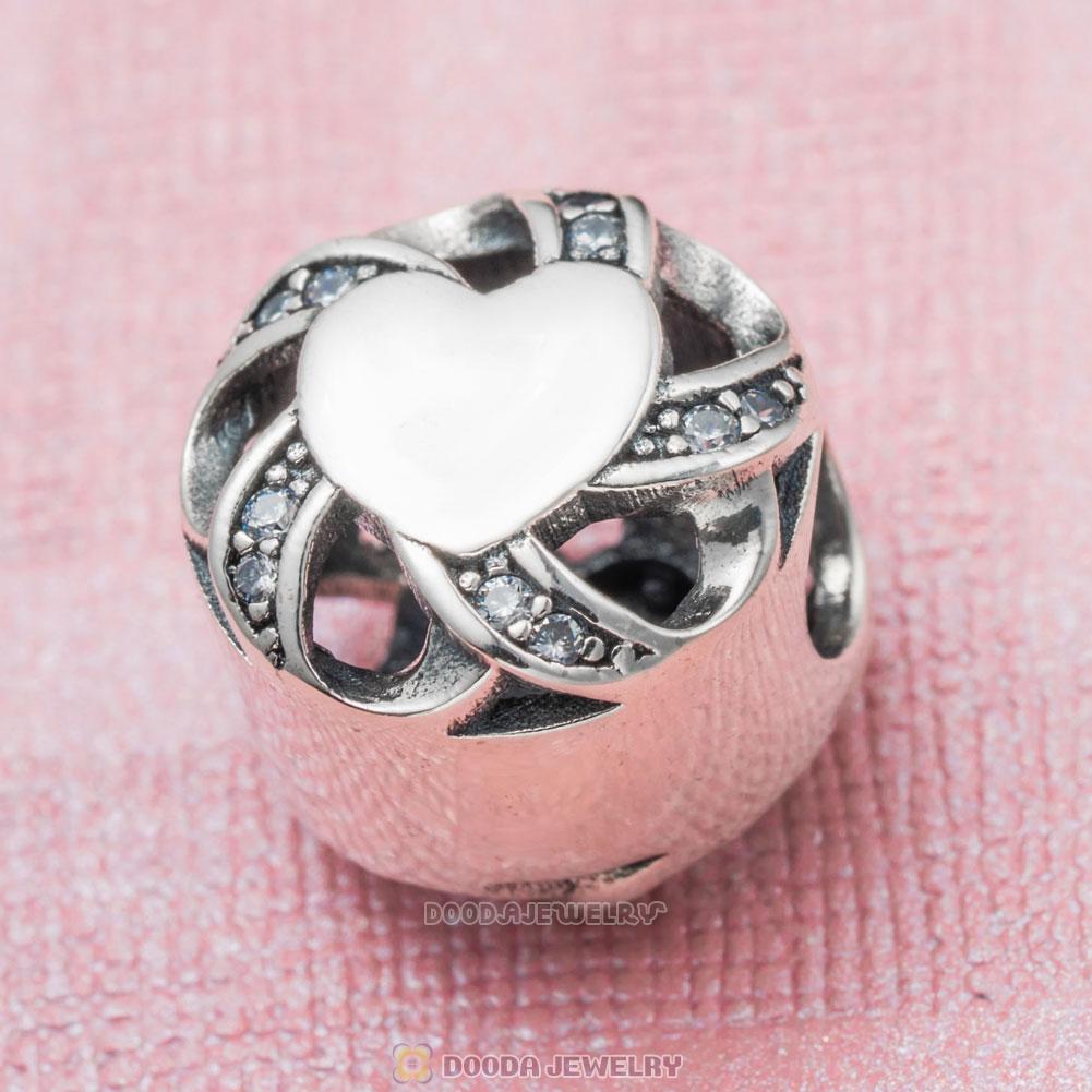 Silver Ribbon Heart Charm with Clear CZ