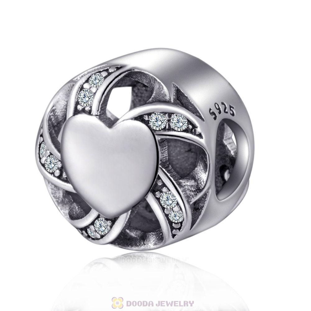 Silver Ribbon Heart Charm with Clear CZ