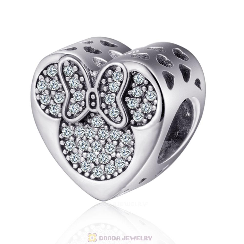 Mickey and Minnie Heart Charm Bead with Pave Clear CZ