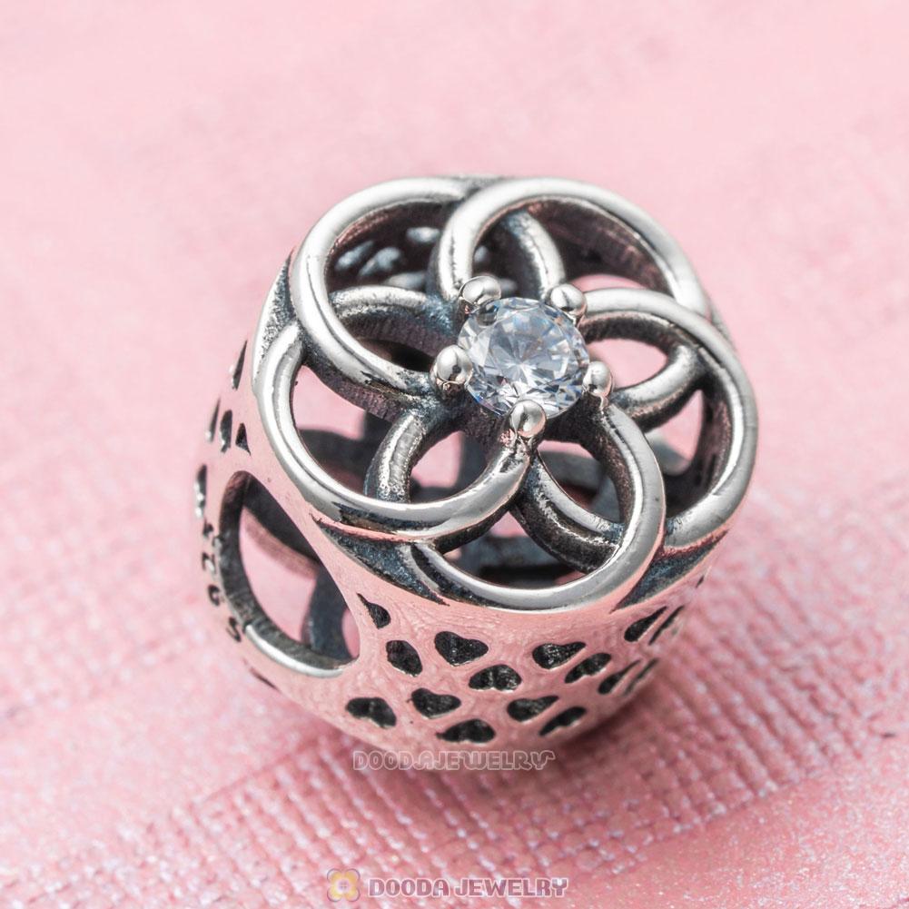 Openwork Flower Charm in Sterling Silver with Clear CZ