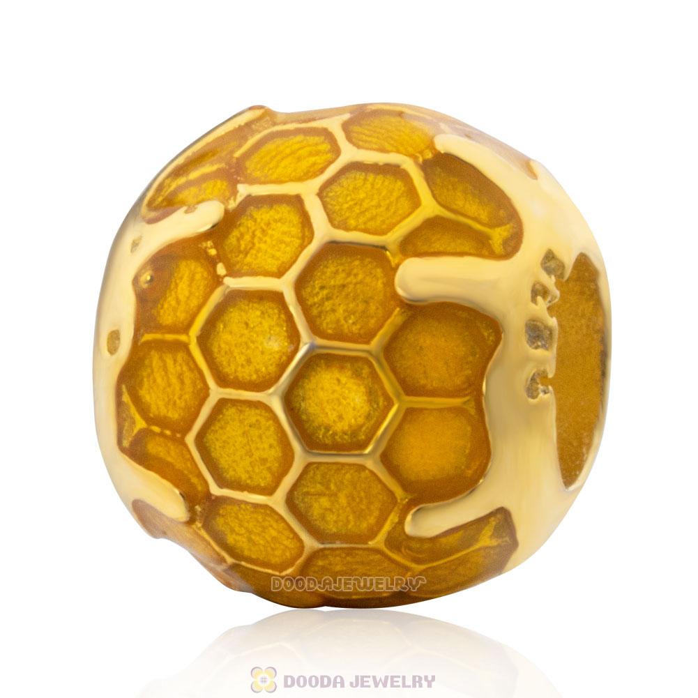 Honeycomb Charm Bead in Sterling Silver with Golden Enamel