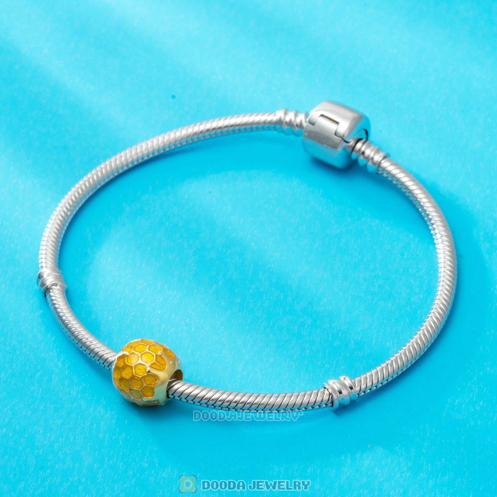 Honeycomb Charm Bead in Sterling Silver with Golden Enamel