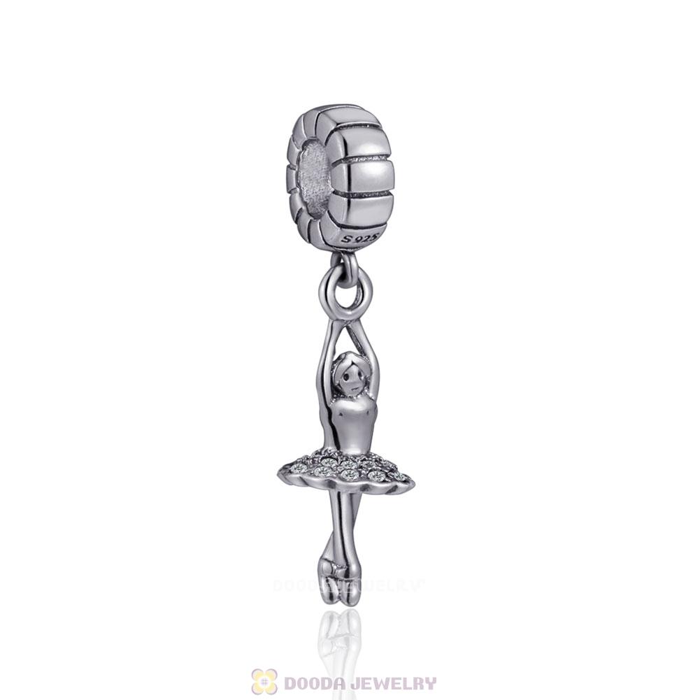 Ballerina Hanging Charm in 925 Sterling Silver with Clear Cz