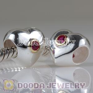 European Style Silver Heart Beads Gold Plated Circle with Red Stone