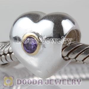 European Style Silver Heart Beads Gold Plated Circle with Purple Stone