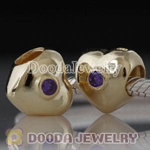 Gold Plated Sterling Silver Heart Beads with Purple Stone