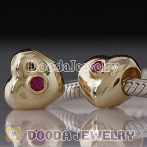 Gold Plated Sterling Silver Heart Beads with  Red Stone