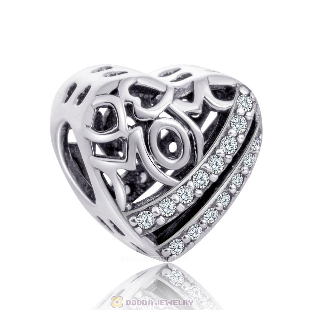 Open Love Mom Heart Charms with Clear CZ