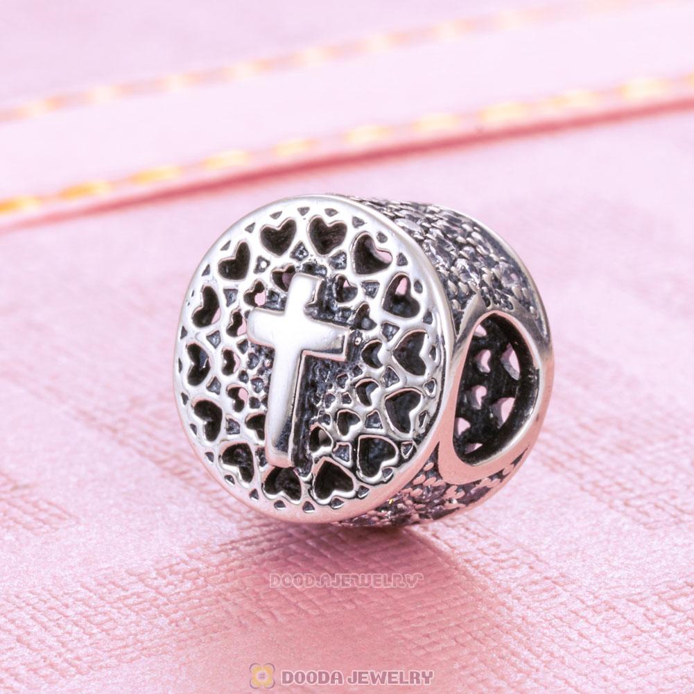 Saint Cross and Heart Charm with White Zircon