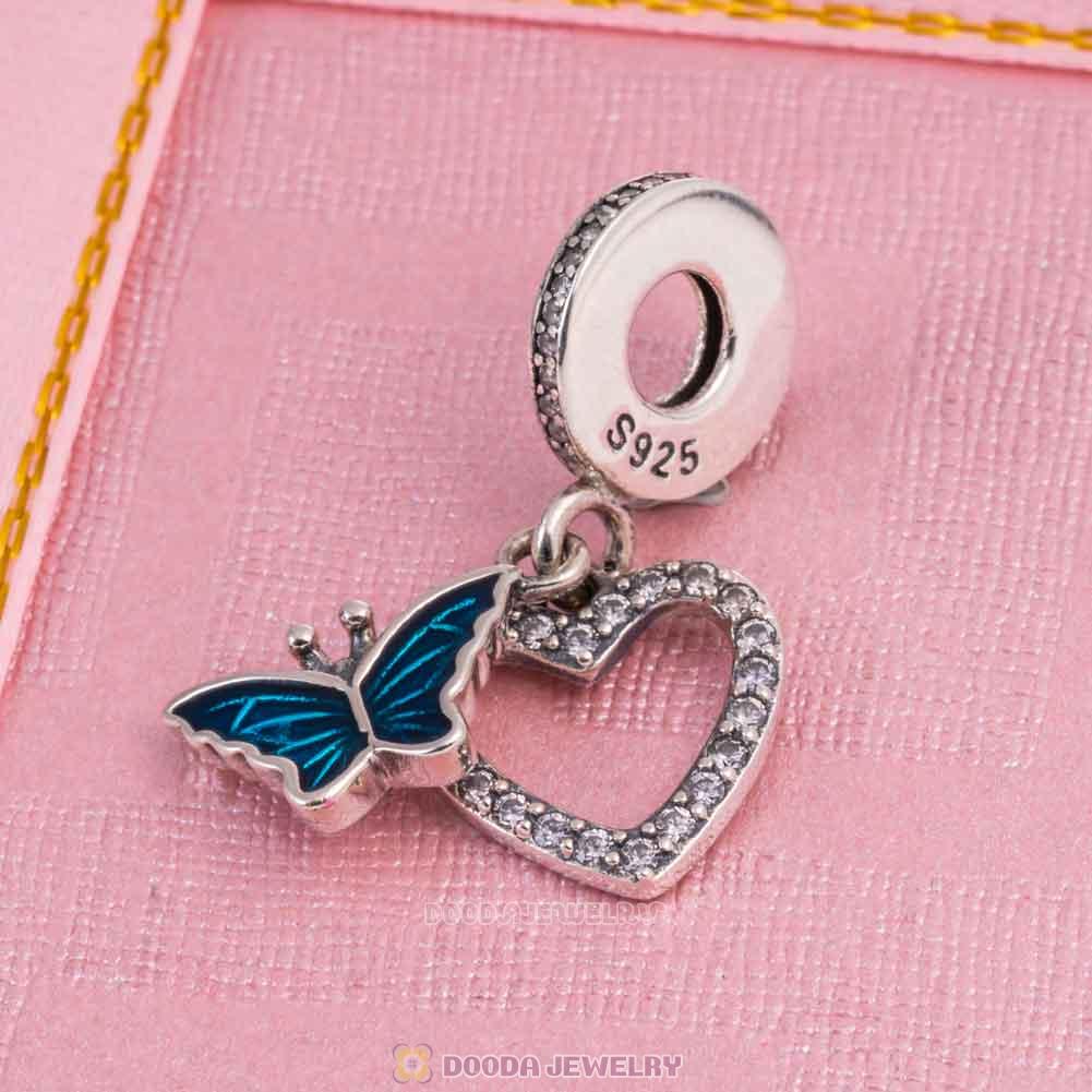 Blue Butterfly on Heart Charm Pendant