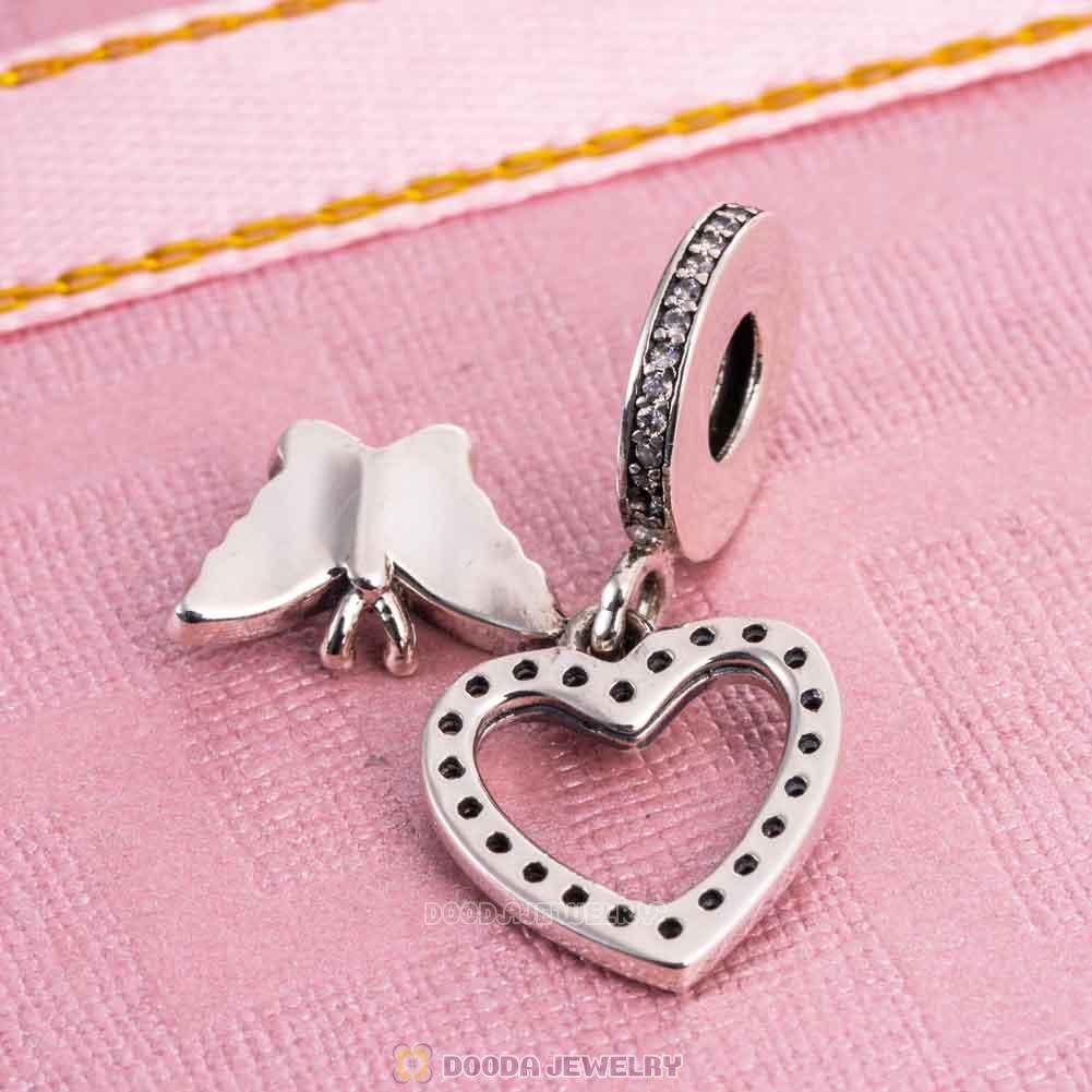 Blue Butterfly on Heart Charm Pendant