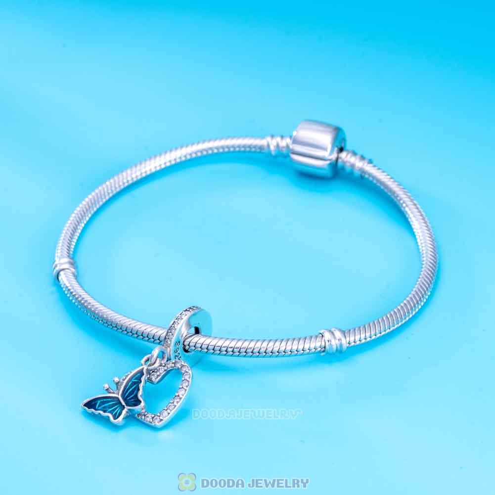 Blue Butterfly on Heart Charm Pendant