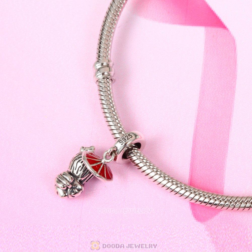 25 Sterling Silver Japan Girl Pendant Charm with Red Enamel Umbrella