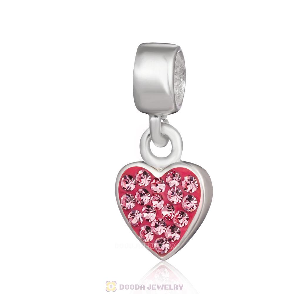 925 Sterling Silver Heart Dangle Charms With Pink Austrian Crystal Wholesale