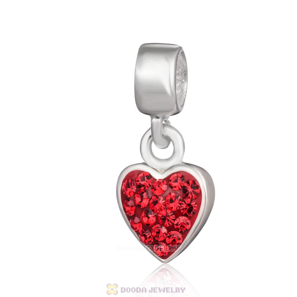 925 Sterling Silver Heart Dangle Charms With Red Austrian Crystal Wholesale