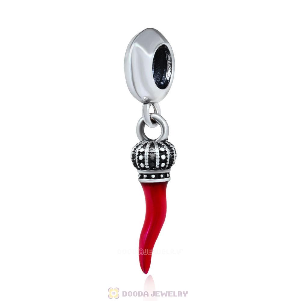 European Style Sterling Silver Dangle Corno with Red Enamel Charm Beads