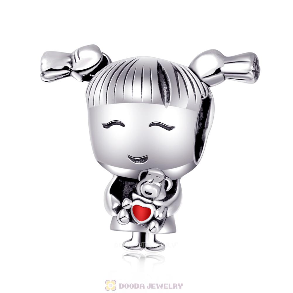 925 Solid Sterling Silver Girl with Pigtails Charm