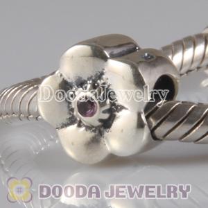 925 Sterling Silver European Style Daisy Charm Beads with Pink Stone