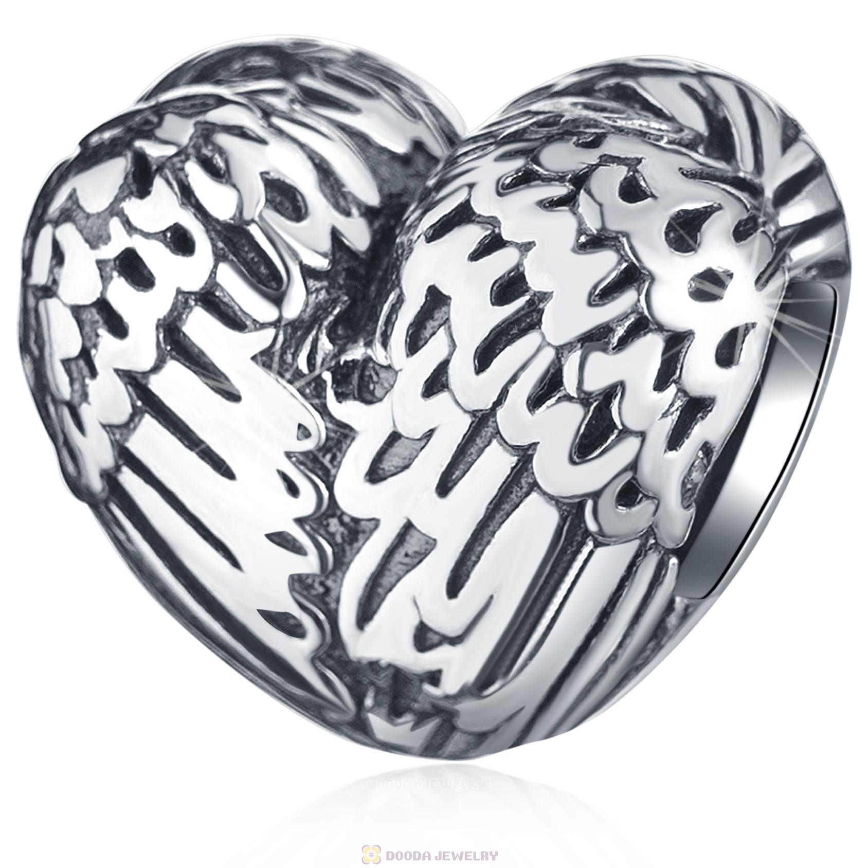 Antique 925 Sterling Silver Angelic Feathers Heart Charm Bead