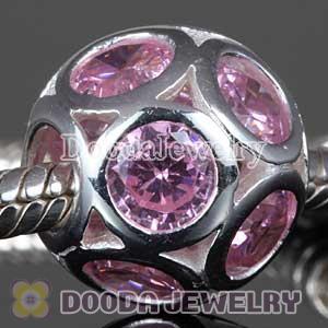 European Style Silver Disco Ball Beads with Pink CZ Stone
