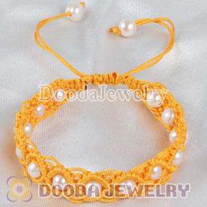 Hand Knitted Adjustable Yellow handmade Inspired Bracelet with Nature Freshwater Pearl