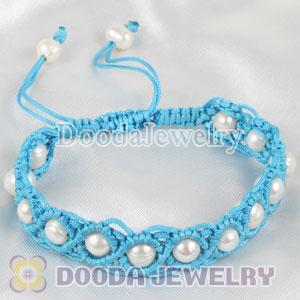 Hand Knitted Adjustable Blue handmade Inspired Bracelet with Nature Freshwater Pearl