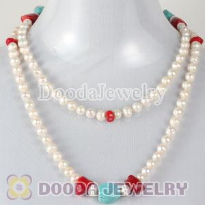 Wholesale Fashion Freshwater Pearl Long Necklace with Turquoise and Coral