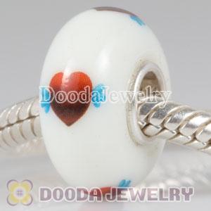Printed Heart with Wing Murano Glass Beads 925 Sterling Silver European Compatible