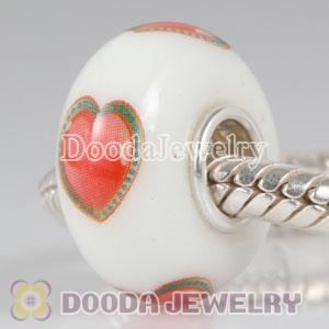 Printed Red Heart Murano Glass Beads 925 Sterling Silver European Compatible
