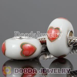 Printed Red Heart Murano Glass Beads 925 Sterling Silver European Compatible