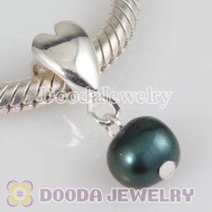Sterling Silver Heart Charms with 6mm Peacock blue Nature Freshwater Pearl