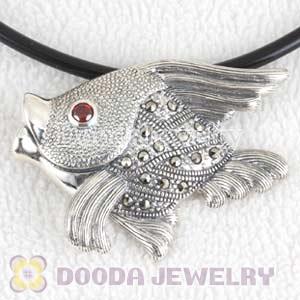 Thai Sterling Silver Fish Marcasite Pendant inlay Ruby Gemstone