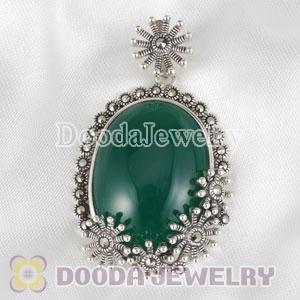 Flower Marcasite Pendant inlay Green Agate Thai Sterling Silver