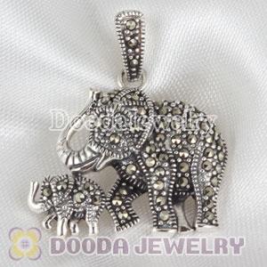 Thai Sterling Silver Marcasite Pendant Mother and Child Elephant