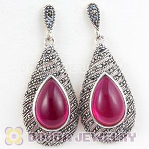 Thai Sterling Silver Marcasite Earrings inlay Teardrop Ruby Gemstone