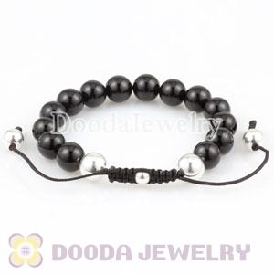 Silver Ball Beads and Black Agates handmade Macrame Bracelet