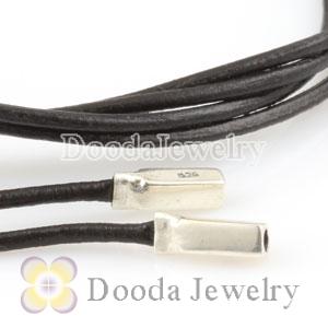 Black Leather Bracelets with 925 Silver Ends with 925 Stamped