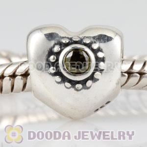 925 Sterling Silver Puffy Heart charm beads with olive green Stone