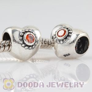 925 Sterling Silver Puffy Heart charm beads with orange Stone