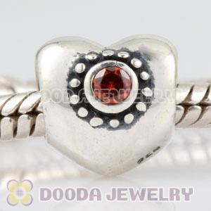 925 Sterling Silver Puffy Heart charm beads with orange Stone