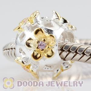 925 Sterling Silver woven lattice and golden Daisy charm Beads with pink Stone