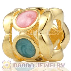Gold plated Sterling Silver Drum Charm Beads with Enamel Pink and Blue beads