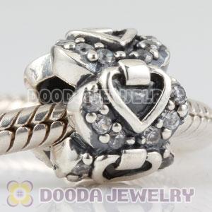 Sterling Silver Elegant Embrace heart charm beads with Clear CZ stones