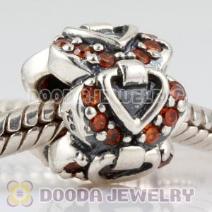 Sterling Silver Elegant Embrace heart charm beads with Orange CZ stones