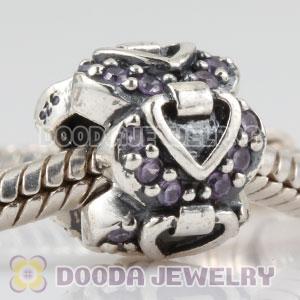 Sterling Silver Elegant Embrace heart charm beads with purple CZ stones